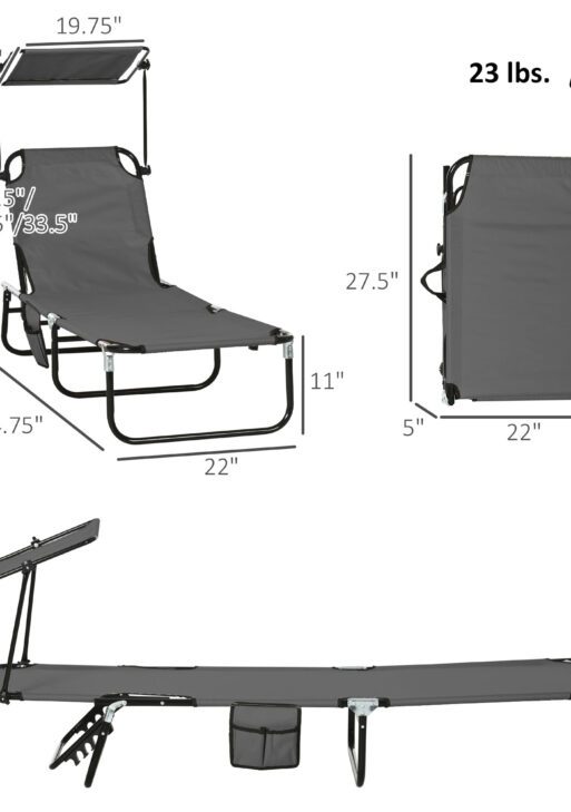 Pool Chaise Lounge Chairs Set of 2, Folding Lounge Chairs with Sunshade, Reclining Back, Steel Frame, Dark Gray