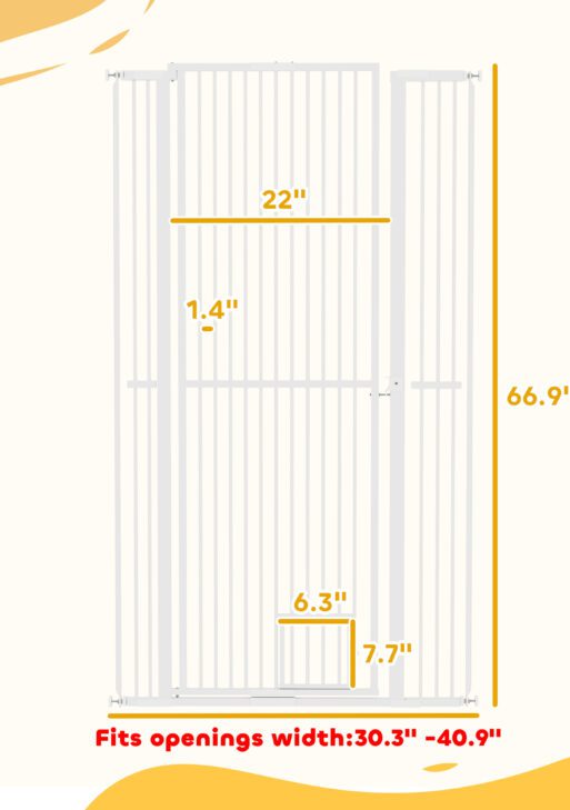 67" Extra Tall Pet Gate, 30"-41" Dog Gate with Cat Door, 1.4" Narrow Gap, 2.8" and 5.5" Extension, for Doorway, Hallway