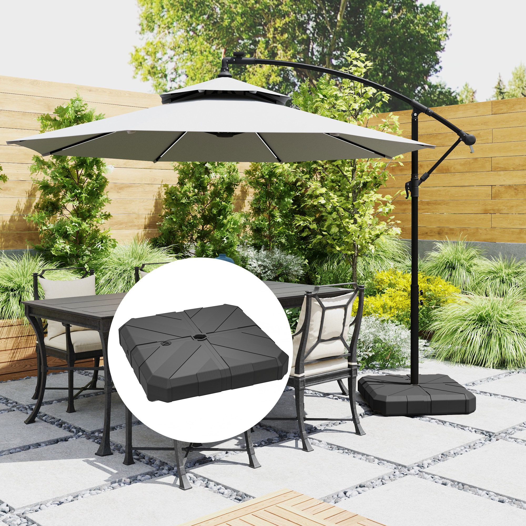 Square Patio Umbrella Base, Cantilever Offset Umbrella Base Heavy Duty Outdoor Umbrella Stand Base, Filled Up to 143lbs with Stand or 130lbs with Water for Garden Poolside, Black