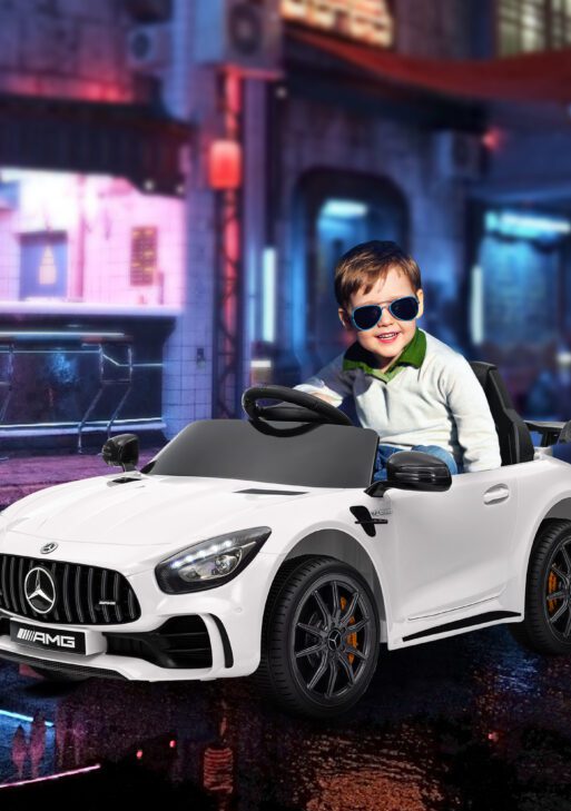 Mercedes-Benz AMG GTR Licensed 12V Battery Powered Kids Electric Car w/ Remote Control & Soft Start, White
