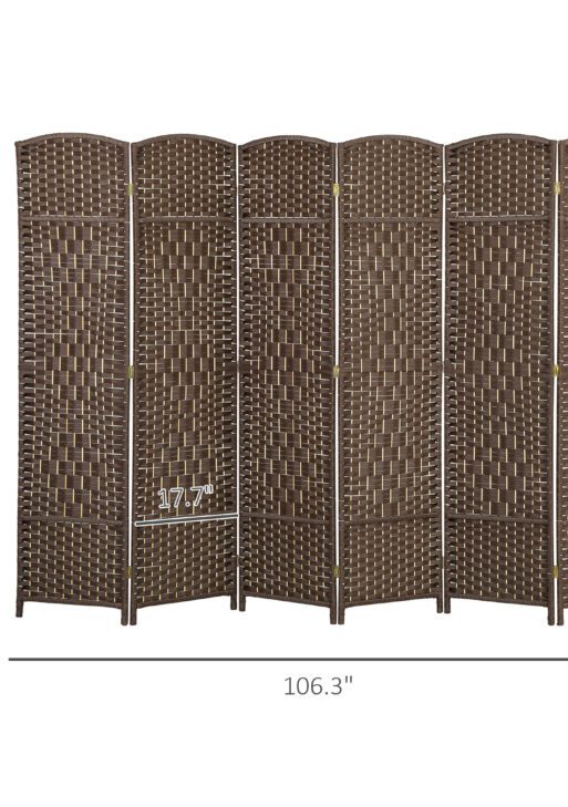Folding Room Divider Screen 6 Panel 6' Tall Privacy Screen Freestanding Wood Partition for Home Office, Brown