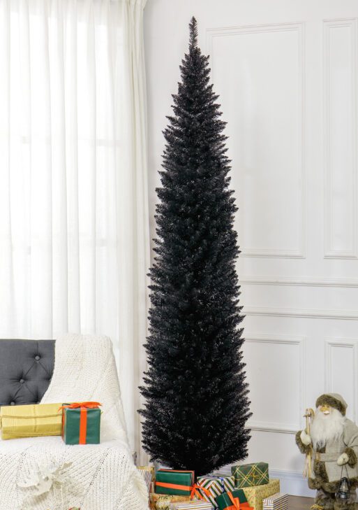 8ft Unlit Pencil Artificial Christmas Tree with Realistic Branches and 618 Tips, Plastic Base, Black