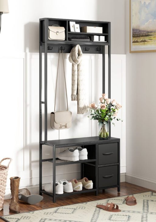 Hall Tree with Bench and Shoe Storage, 5-in-1 Entryway Bench with Coat Rack, 3 Storage Shelves, 2 Fabric Drawers, Black
