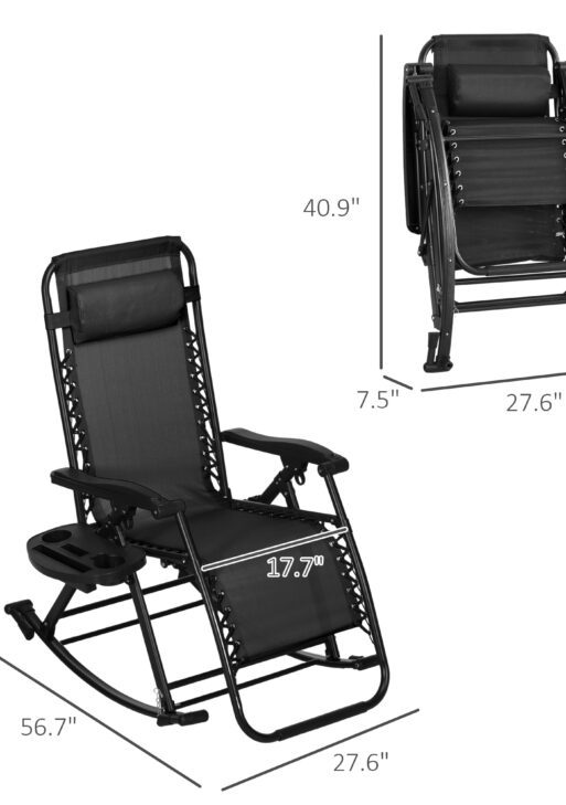 2 Outdoor Rocking Chairs Foldable Reclining Zero Gravity Lounge Rockers w/ Pillow Cup & Phone Holder, Black