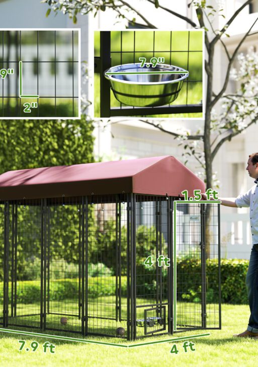 Outdoor Dog Kennel with Rotating Bowl Holders, Walk-in Pet Playpen with Waterproof Cover, 8' x 4' x 6', Red