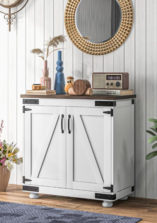 Kitchen Sideboard, Buffet Cabinet with Barn Door and Adjustable Shelf, Distressed White and Brown