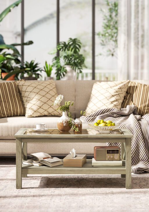 Coffee Table with Tempered Glass Tabletop, Living Room Table with Wood Frame and Underneath Storage Shelf, Gray