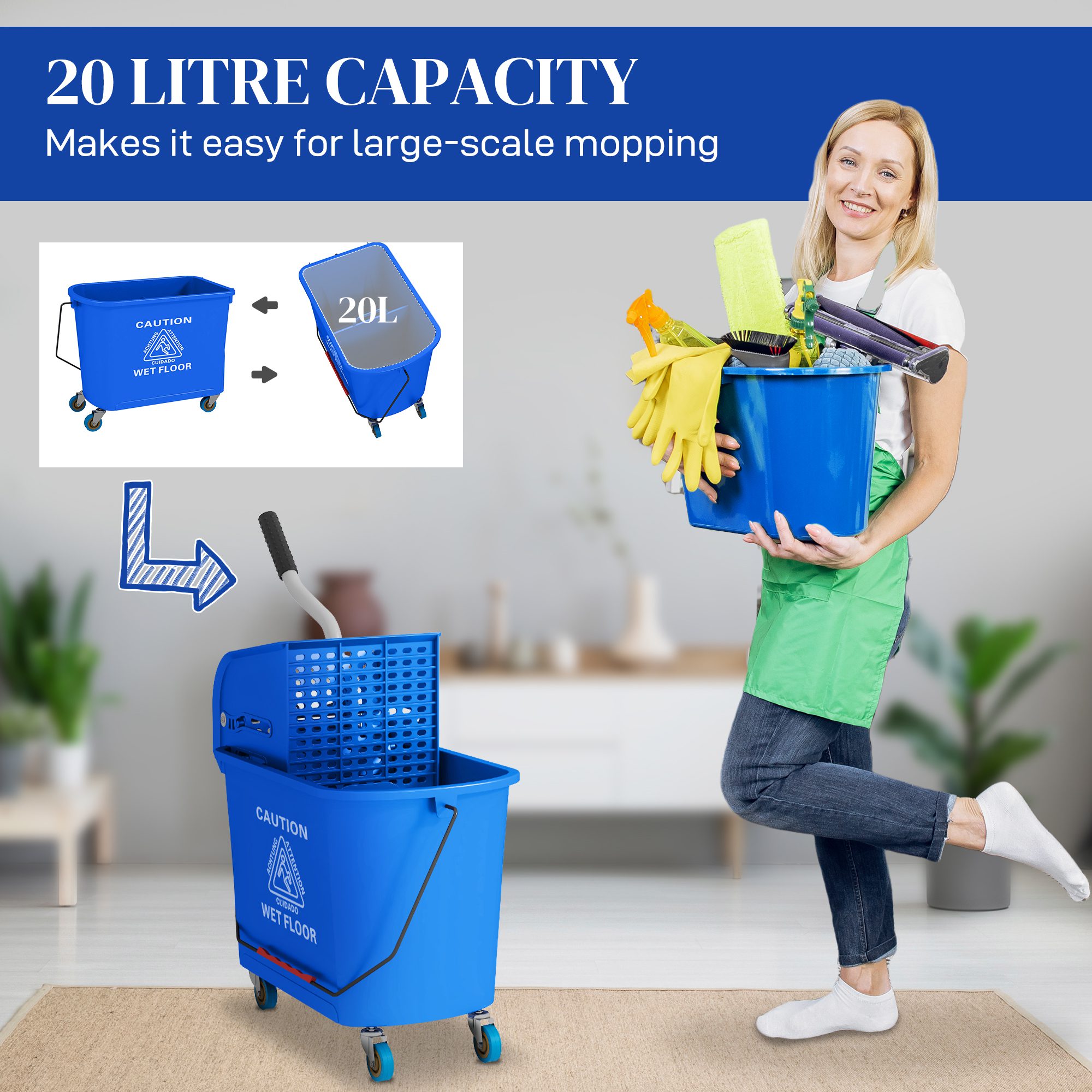 Compact Mop Bucket with Wringer, Mop Bucket on Wheels for Floor Cleaning, 21 Quart, Separate Dirty and Clean Water, Blue - Image 2