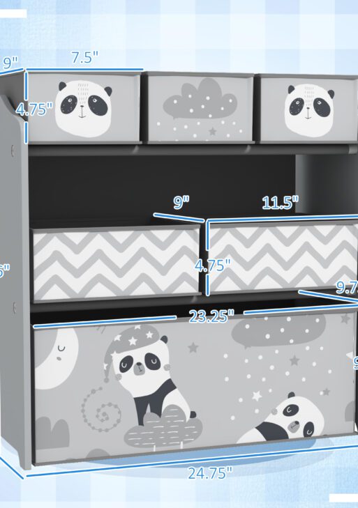 Toy Organizer with 6 Storage Bins, 25" x 12" x 26", Gray