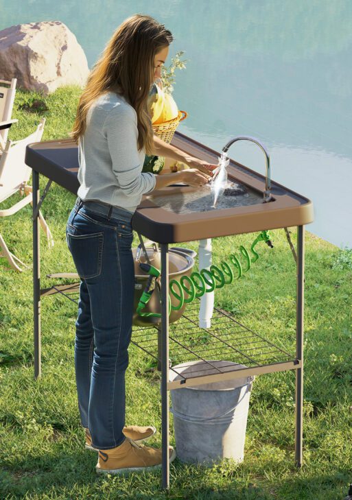 Folding Fish Cleaning Table with Sink, Portable Camping Table with Faucet, Drainage Hose, Sprayer and Shelf, Tan