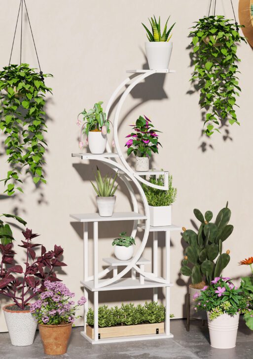 Plant Stand Indoor, 8 Tier 62" S-Shaped Plant Shelf, Corner Plant Rack for Multiple Plants, White