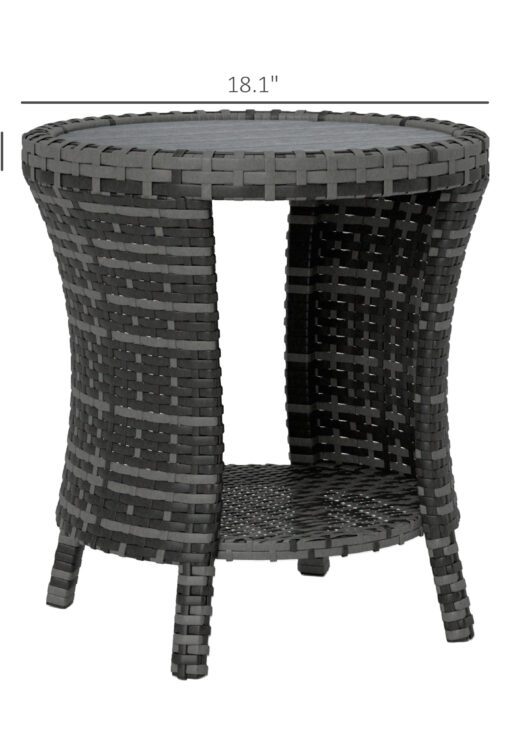 18" Wicker Outdoor Coffee Table, PE Rattan Patio Side Table with 2-Tier Storage, Composite Wood Top, Gray