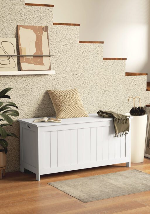 39.4" Storage Trunk w/ 2 Safety Hinges, Wooden Storage Bench w/ Side Handles, Storage Chest for Playroom, White