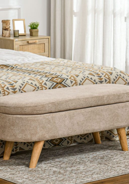 Storage Ottoman Bench, 43.3" Upholstered End of Bed Bench with Wood Legs, Modern Entryway Bench, Beige