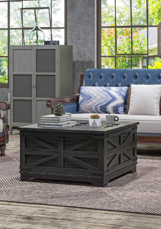 Farmhouse Coffee Table, Square Center Table with Flip-top Lids, Hidden Storage Compartment, Distressed Black