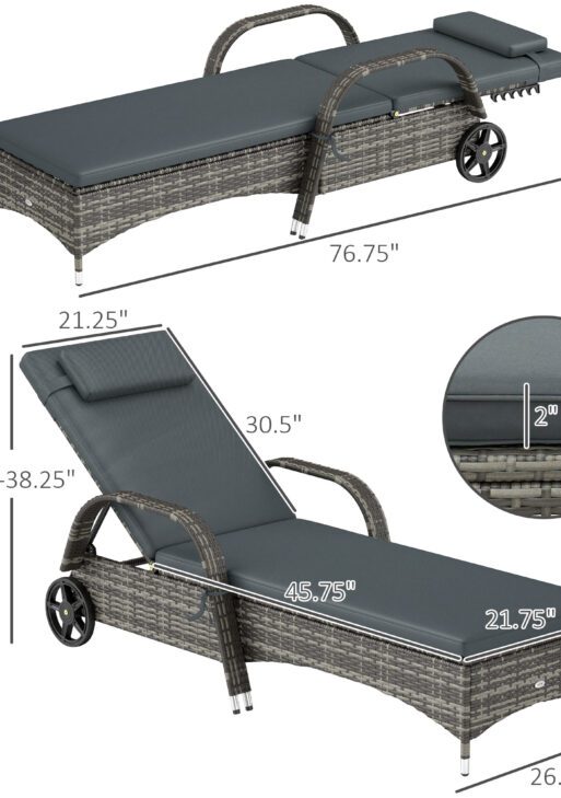 Outdoor Chaise Lounge, 5-Level Adjustable Backrest Rattan Pool Lounge Chair with Wheels, Cushion & Headrest, Black