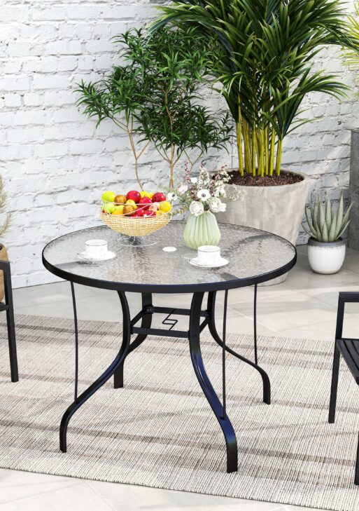38" Round Patio Table with Umbrella Hole, Tempered Glass Outdoor Dining Table, Black