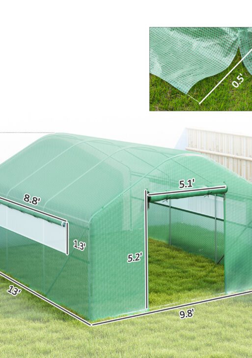 13' x 10' x 6.5' Tunnel Greenhouse Hoop House with Upgraded Galvanized Steel Frame and Large Windows, Green