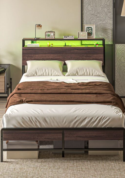 Full Size Bed Frame with LED Lights and Charging Station, Full Bed Frame with Storage Headboard, Noise-Free, Walnut