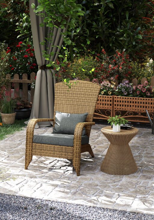 Patio Adirondack Chair with Rattan Wicker, Soft Cushions, Tall Curved Backrest for Deck or Garden, Charcoal Gray