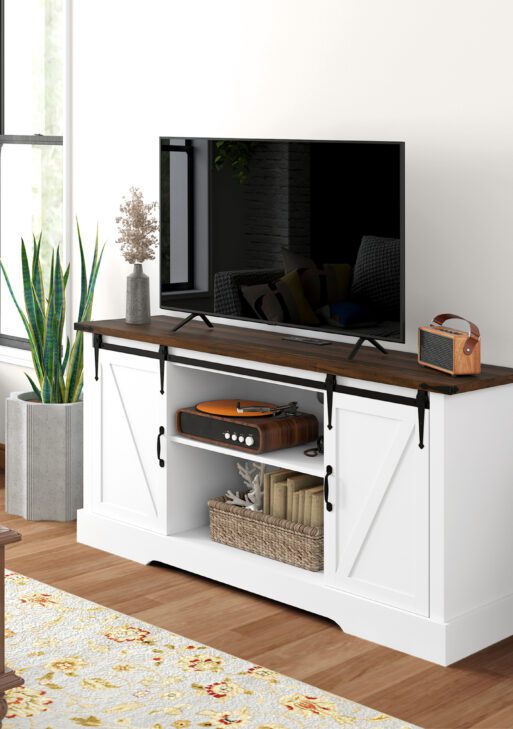Sideboard with Charging Station, Farmhouse Coffee Bar Cabinet with Sliding Barn Door, TV Stand for TVs Up to 65", White