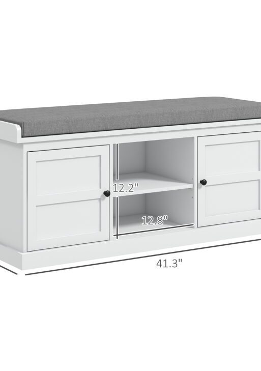 Shoe Storage Bench with Cushioned Seat, Entryway Bench Seat with 2 Cabinets and Adjustable Shelf for Hallway, White