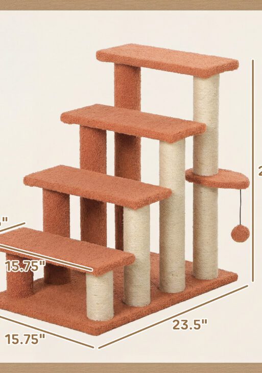 4 Levels Cat Steps with Scratching Posts for High Bed, Sofa, Brown