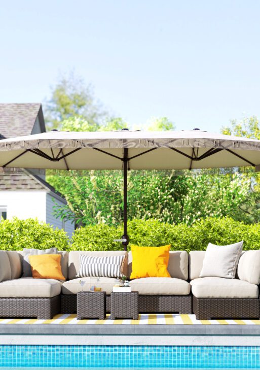 15ft Rectangle Patio Umbrella UPF30+ Extra Large Outdoor Umbrella with Fringe and Crank Handle, Cream White