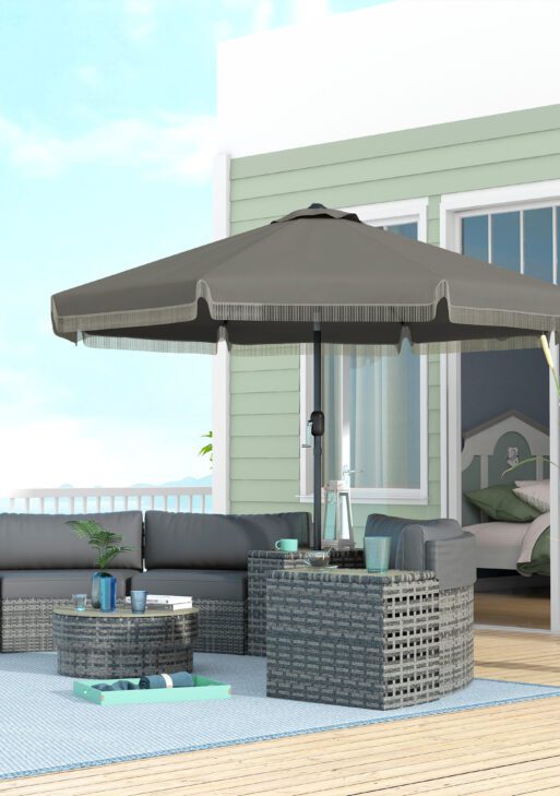 9ft Patio Umbrella Outdoor Table Umbrella w/ Tilt, Crank, Ruffled, 8 Ribs for Garden, Deck, Pool, Dark Gray