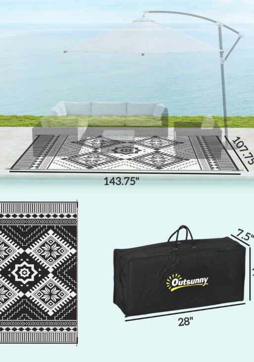 Reversible Outdoor Rug, Waterproof Plastic Straw with Carry Bag, 9' x 12', White & Black Toothed Rhombus