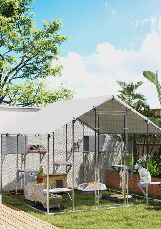 94.5" Extra Large Metal Outdoor Catio with Waterproof Cover, 2 Resting Boxes, 7 Jumping Platforms, for Multiple Cats