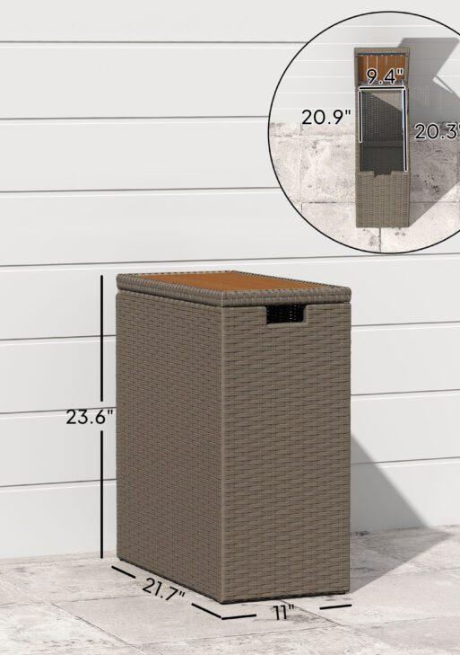 17-Gallon Small Deck Box, Wicker Outdoor Storage Box with Acacia Wood Top for Patio Cushions and Garden Tools, Teak