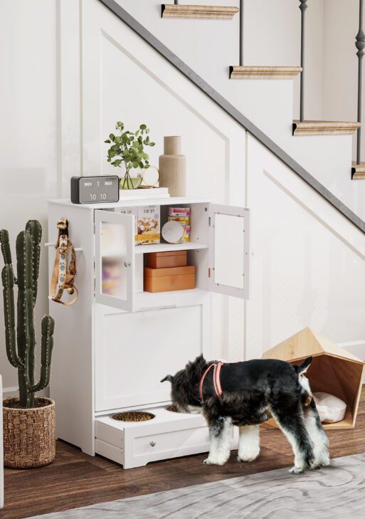 Dog Feeding Station with Two Storage Cabinets, 2 Elevated Dog Bowls, Side Hooks, Anti-tip Kit, for Feeding & Watering