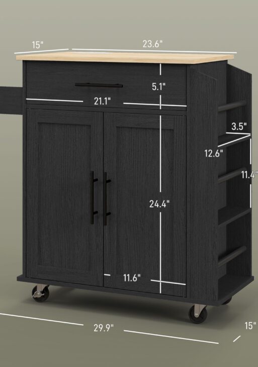 Rolling Island with Wheels for Kitchen, Kitchen Island on Rollers with Power Outlets, Drawer, and Doors, Black