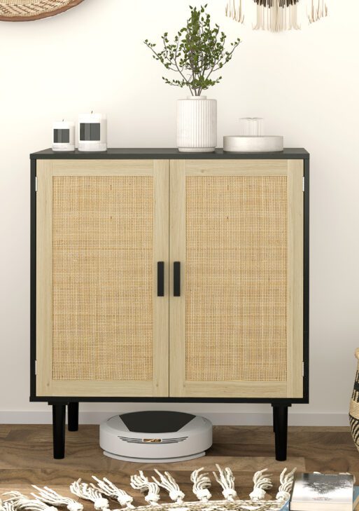 Bohemian Sideboard, 31.5" Buffet Cabinet with 2 Rattan Doors and Shelves for Living Room, Hallway, Black