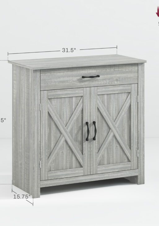Farmhouse Sideboard Cabinet with Barn Doors Kitchen Buffet Cabinet with Drawer and Adjustable Shelf Stone Gray