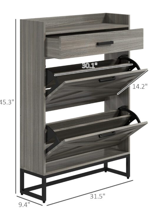 Slim Shoe Storage Cabinet, Shoes Cabinet Organizer with 2 Flip Drawers, Adjustable Shelves for 12 Pair, Distressed Gray