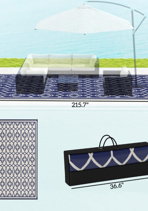 Reversible Outdoor Rug, Waterproof Plastic Straw with Carry Bag, 9' x 18', Blue & White Lantern