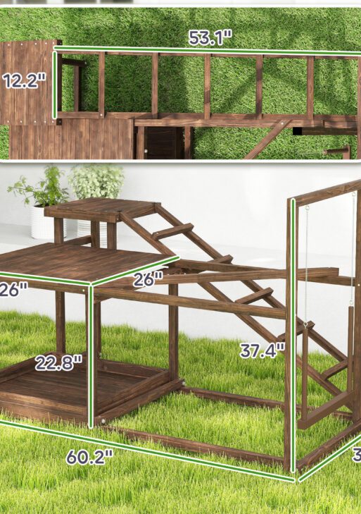 Wooden Chicken Activity Play Set with Perch, Swing, Ladder, Platforms, Feeder Storage, Coffee