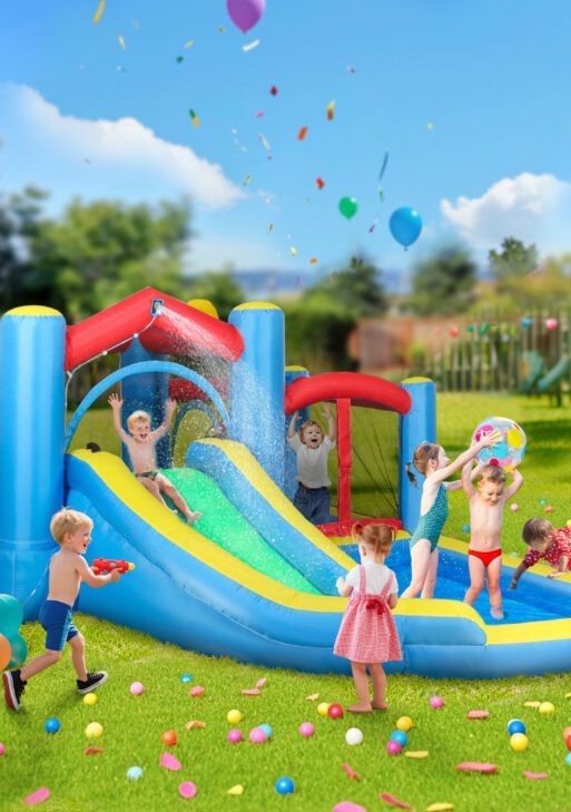 Inflatable Water Slide Bounce House w/ 550W Blower, Large Trampoline, Splash Pool, Basketball Hoop, Dart Board