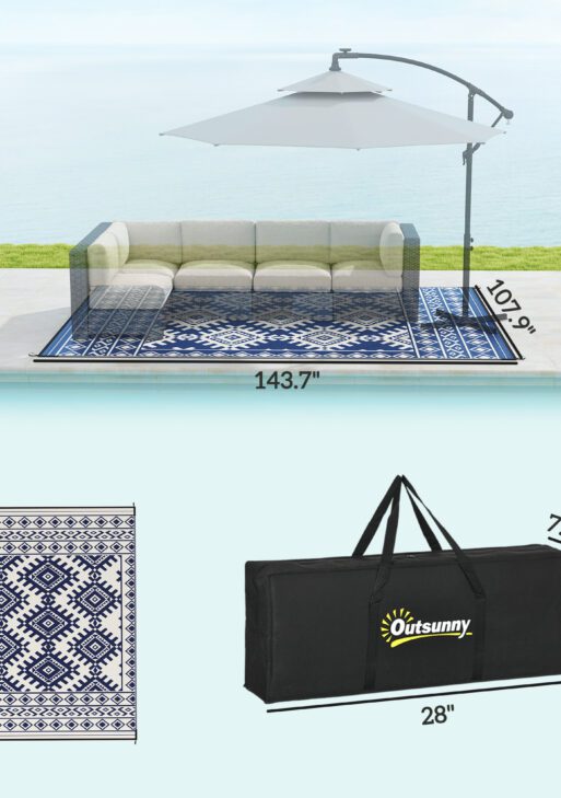 Reversible Outdoor Rug, Waterproof Plastic Straw with Carry Bag, 9' x 12', Blue & White Rhombus Border