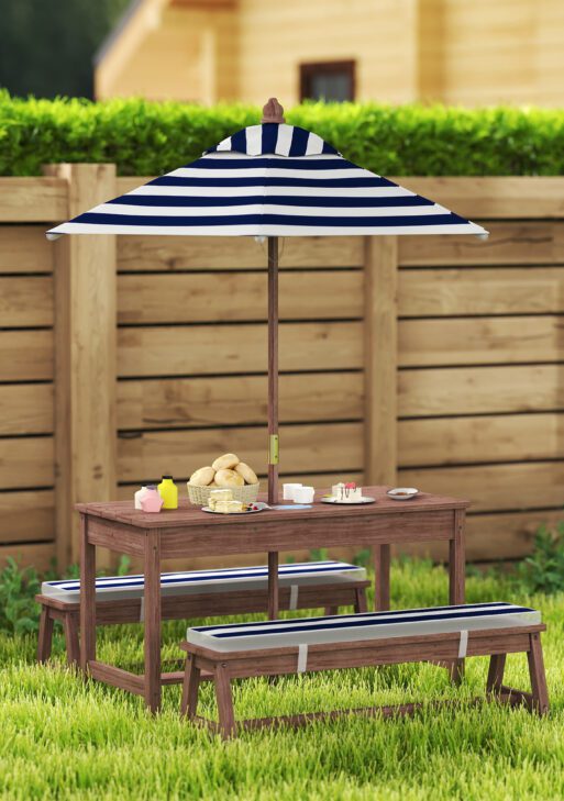 Outdoor Wooden Kids Picnic Table & Bench Set with Cushions and Umbrella, for Patio, Garden, Navy Blue