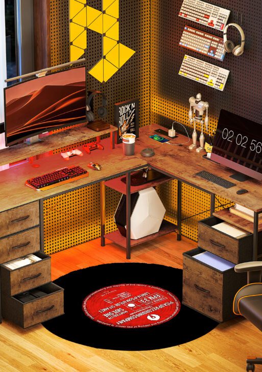 66" Reversible L Shaped Computer Desk, Corner Desk with File Drawer, Power Outlets and LED Lights, Rustic Brown