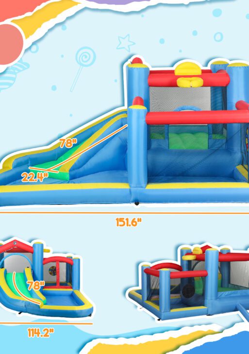 Inflatable Water Slide Bounce House w/ 550W Blower, Large Trampoline, Splash Pool, Basketball Hoop, Dart Board