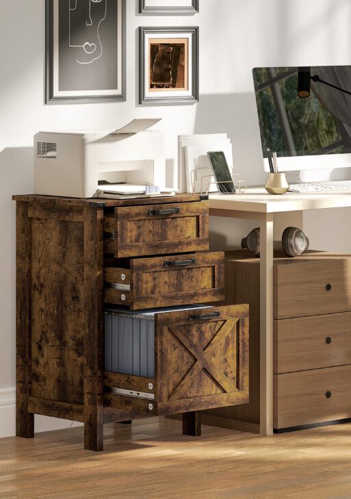 Vertical File Cabinet with 3 Drawers, Rustic Farmhouse Office Storage Cabinet for A4, Letter Size, Rustic Brown
