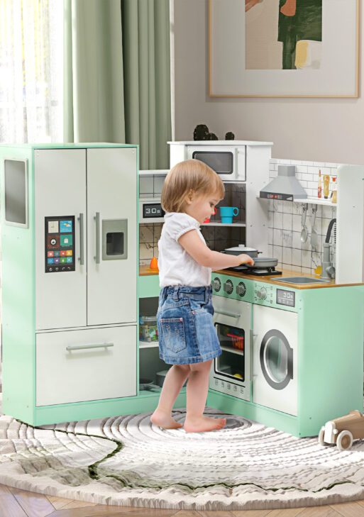 Play Kitchen, Corner Kids Kitchen Playset w/ Chalkboard, Range Hood, Ice Maker, Stove, Microwave, Sound & Lights