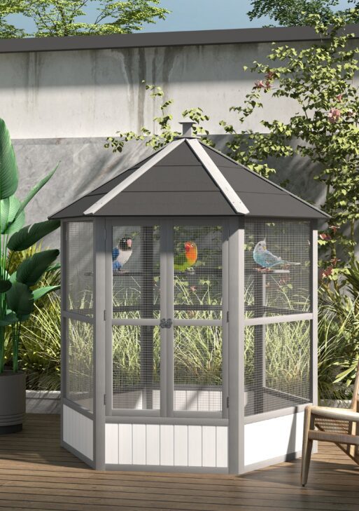 69" Wooden Hexagonal Outdoor Aviary Flight Bird Cage With Covered Roof, Light Gray