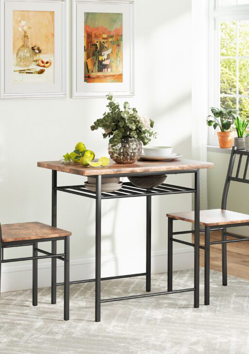 3-Piece Small Dining Table Set for 2, Kitchen Table and Chairs with Storage Rack and Steel Frame, Brown