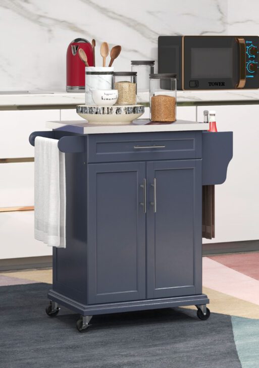 Kitchen Island with Wheels, Rolling Kitchen Island with Storage, Stainless Steel Countertop for Dining Room, Deep Blue