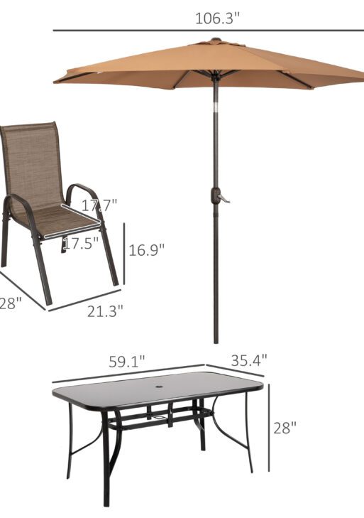 8 Pieces Patio Furniture Set with 9Ft Patio Umbrella, Outdoor Dining Table and Chairs, Light Mixed Brown